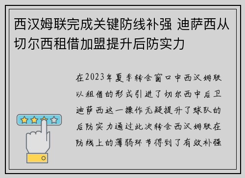 西汉姆联完成关键防线补强 迪萨西从切尔西租借加盟提升后防实力